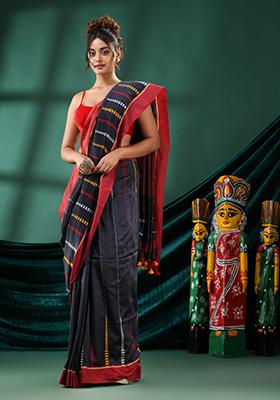 Grey Solid Cotton Saree Set