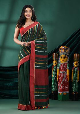 Green Solid Cotton Saree Set