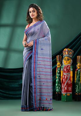 Grey Solid Cotton Saree Set