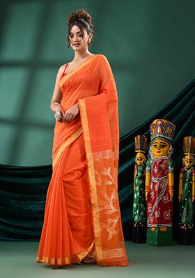 Orange Solid Cotton Blend Saree Set