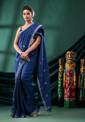Blue Solid Linen Saree Set