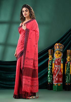 Pink Solid Cotton Saree Set