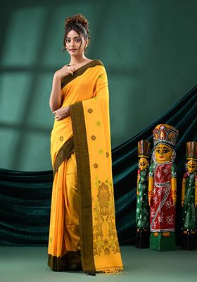 Yellow Solid Cotton Saree Set