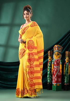 Yellow Solid Cotton Saree Set