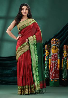 Maroon Solid Cotton Blend Saree Set