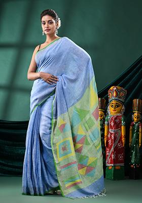 Blue Solid Linen Saree Set