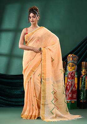 Orange Solid Linen Saree Set
