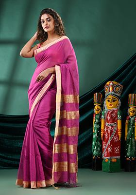 Magenta Purple Solid Cotton Blend Saree Set