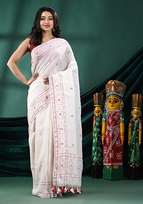 White Solid Linen Saree Set