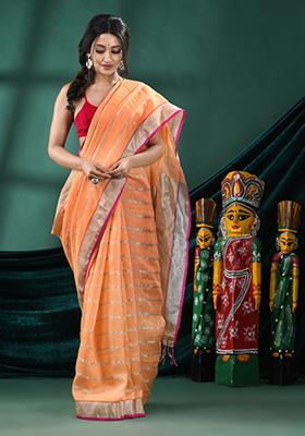 Peach Solid Linen Saree Set