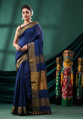 Blue Solid Linen Saree Set