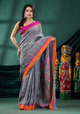 Grey Solid Linen Saree Set