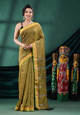 Yellow Solid Linen Saree Set
