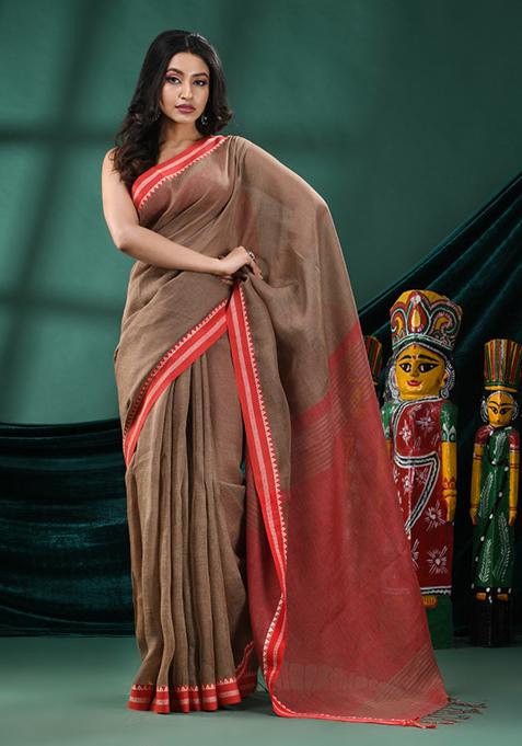 Brown Solid Linen Saree Set