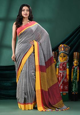 Grey Solid Cotton Saree Set