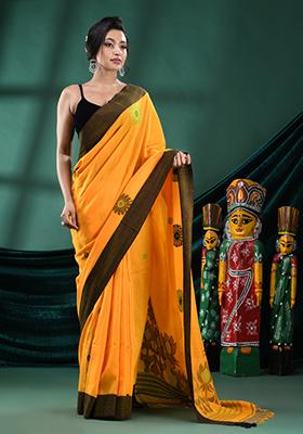 Yellow Solid Cotton Saree Set