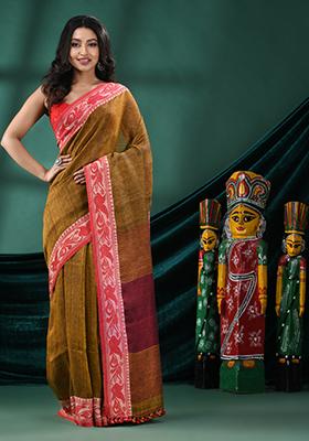 Mustard Yellow Solid Linen Saree Set