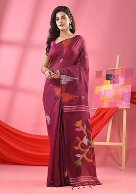 Magenta Purple Woven Cotton Blend Saree Set