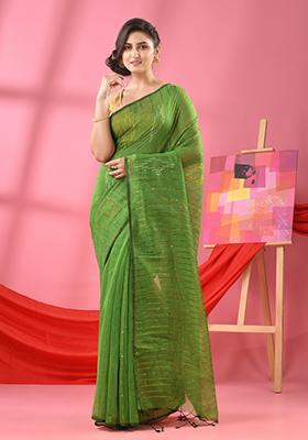 Green Solid Cotton Blend Saree Set