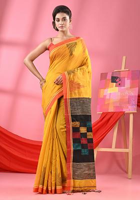 Yellow Solid Cotton Blend Saree Set
