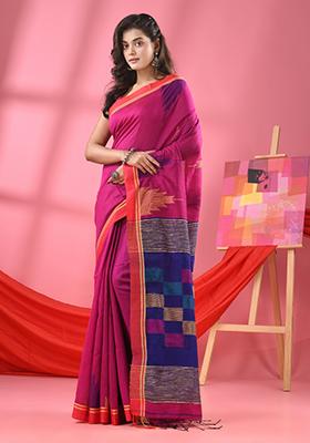 Pink Solid Cotton Blend Saree Set
