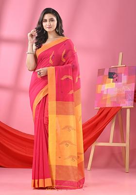Pink Solid Cotton Blend Saree Set
