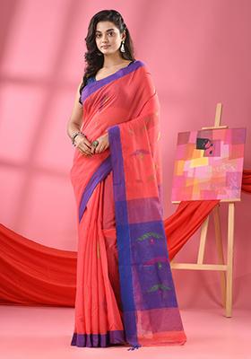 Peach Solid Cotton Blend Saree Set