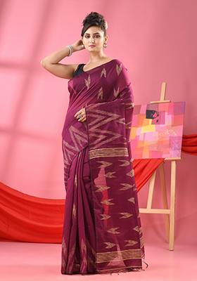 Magenta Purple Solid Cotton Blend Saree Set