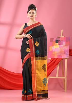Black Solid Cotton Blend Saree Set