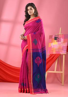 Pink Solid Cotton Blend Saree Set