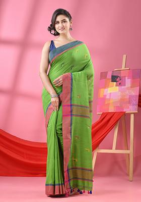 Green Solid Cotton Saree Set