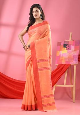 Peach Solid Cotton Blend Saree Set