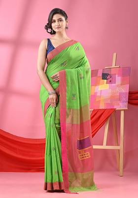 Green Solid Cotton Blend Saree Set