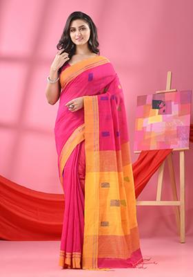 Pink Solid Cotton Blend Saree Set
