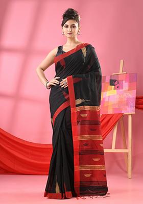 Black Solid Cotton Blend Saree Set