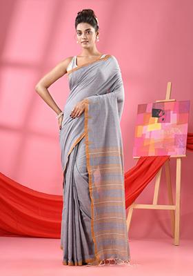 Grey Solid Cotton Saree Set