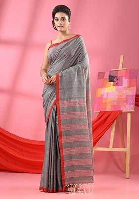 Black Solid Cotton Saree Set