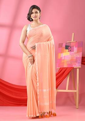 Peach Solid Cotton Saree Set
