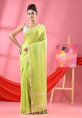 Green Solid Cotton Saree Set