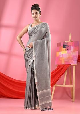 Grey Solid Cotton Saree Set
