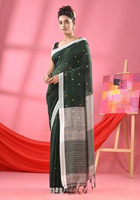 Green Solid Cotton Saree Set