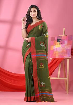 Green Solid Cotton Saree Set