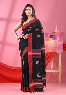 Black Solid Cotton Saree Set