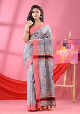 Silver Solid Cotton Saree Set