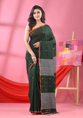 Green Solid Cotton Saree Set