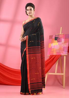 Black Solid Cotton Saree Set
