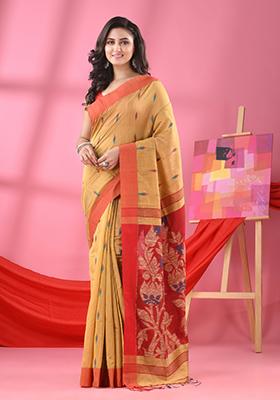Beige Solid Cotton Blend Saree Set