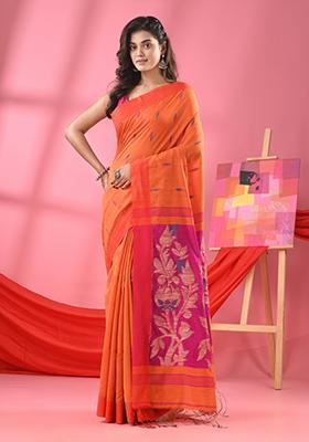 Orange Solid Cotton Blend Saree Set