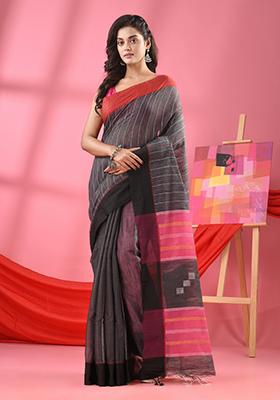 Grey Solid Cotton Blend Saree Set