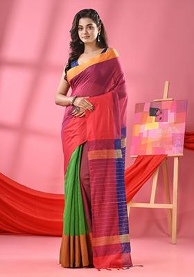 Pink Solid Cotton Blend Saree Set